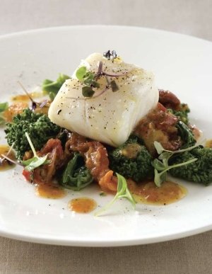 Charlie Trotter Recipe, Olive Oil-Poached Cod with Roasted Tomatoes and Broccoli Rabe, Charlie Trotter cod